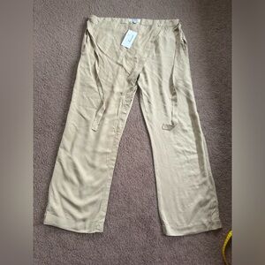 Linen/rayon Beige Foldover Wrap Loose Straight Leg Trousers